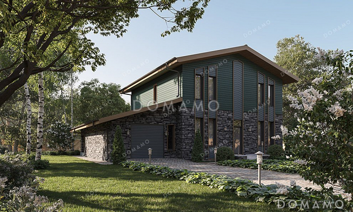 Проект двухэтажного дома с гаражом, террасой и тремя спальнями