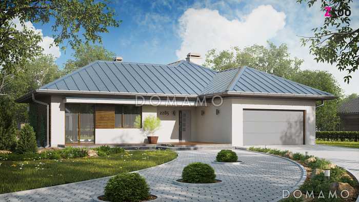 Проект одноэтажного дома из газобетона с большой угловой террасой и гаражом на два автомобиля