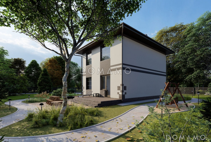 Проект компактного двухэтажного дома с 3 спальнями, гостиной и балконом