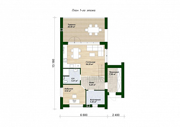 Проект двухэтажного дома из газобетона в стиле барнхаус с панорамными окнами в гостиной / План 1 этажа