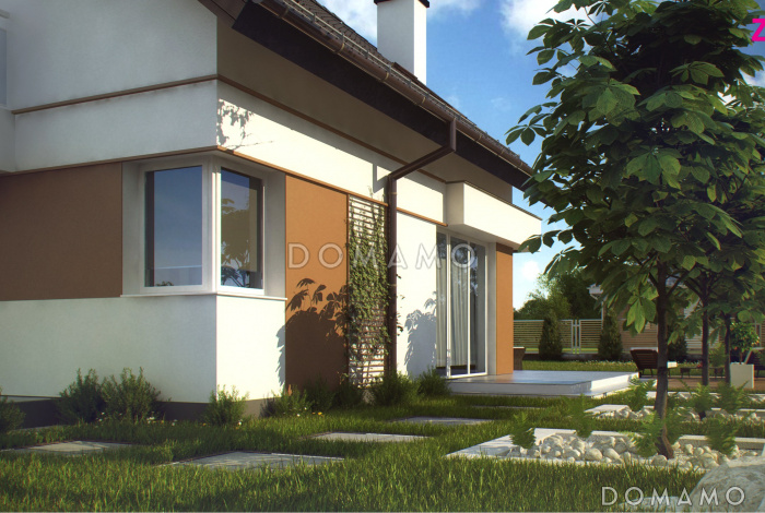 Проект классического одноэтажного мансардного дома из газобетона с эркером в столовой зоне, балконами и хозяйственным помещением