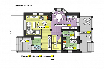Частный дом с эркером, крытой террасой, балконом, большой кладовой на мансарде / План 1 этажа
