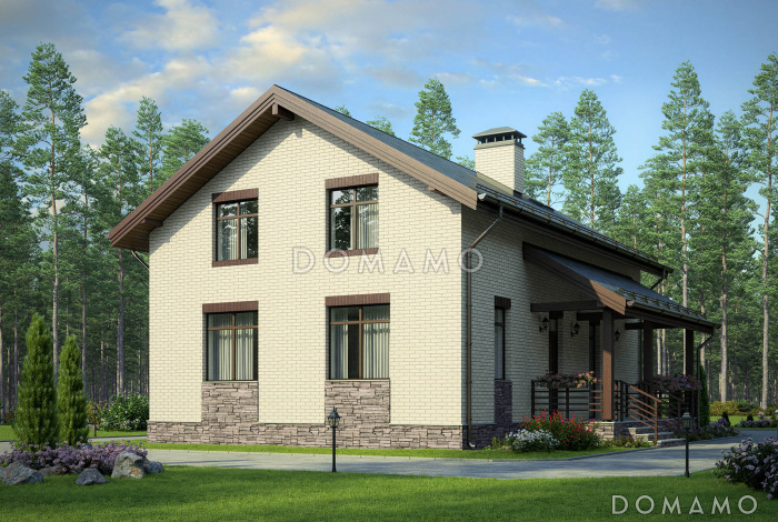 Проект дома с двумя спальнями на первом этаже, эркером, крытой террасой