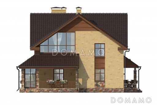 Проект дома с просторной гостиной и кухней столовой, террасой с барбекю, зимним садом, двумя балконами,  / Фасад 2