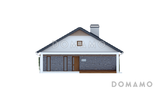 Проект компактного одноэтажного дома из кирпича с двумя спальнями, светлой просторной дневной зоной и большой открытой террасой / Фасад 1