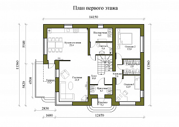 Проект двухэтажного дома из газобетона с двускатной крышей с подвалом, террасой и балконом / План 1 этажа