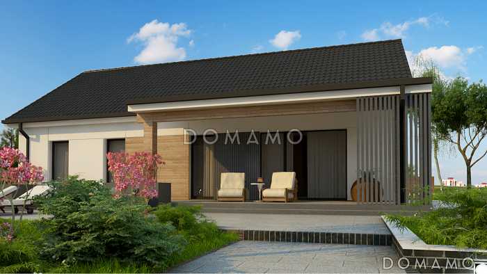 Проект одноэтажного загородного дома с удобной планировкой, мастер-спальней, ванной с окном, террасой