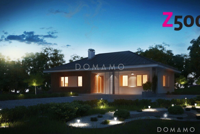 Проект практичного одноэтажного дома из газобетона с двумя частично крытыми террасами