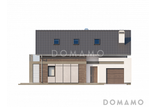 Проект одноэтажного мансардного дома из кирпича с балконом и с фронтальным пристроенным гаражом / Фасад 2