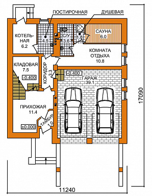 Проект трехэтажного дома с гаражом на две машины, сауной и камином / План 1 этажа