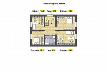 Проект дома с двумя спальнями на первом этаже, эркером, крытой террасой / План мансардного этажа