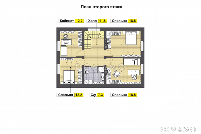 Проект дома с двумя спальнями на первом этаже, эркером, крытой террасой / План мансардного этажа