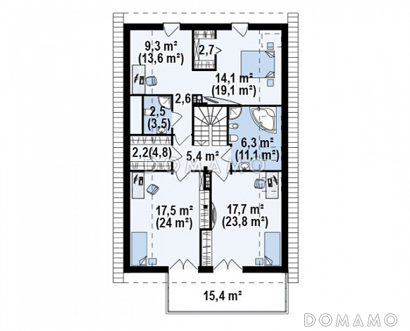 Проект одноэтажного мансардного дома из газобетона с крытой угловой террасой и большой открытой террасой над гаражом / План мансардного этажа