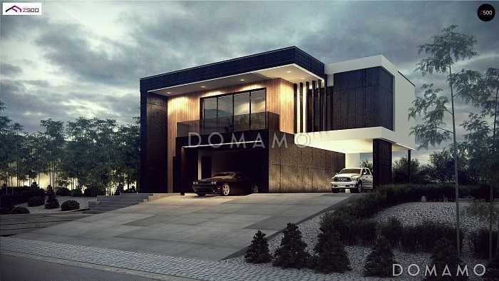 Проект современного двухуровневого дома из газобетона с несколькими террасами, двухместным гаражом и навесом