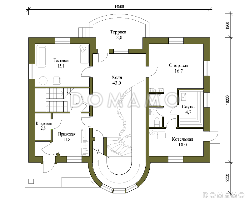 Проект трёхэтажного коттеджа с башенкой и пандусом / План 1 этажа