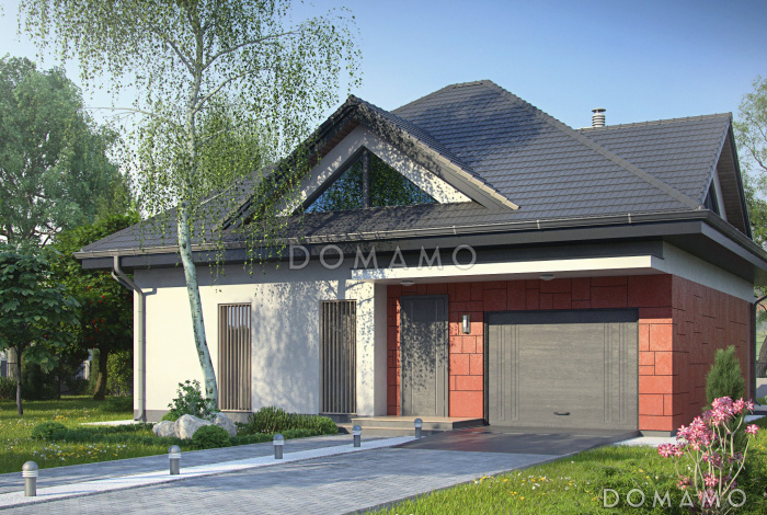 Проект одноэтажного мансардного коттеджа из кирпича с большой площадью остекления в гостиной, кабинетом и гаражом