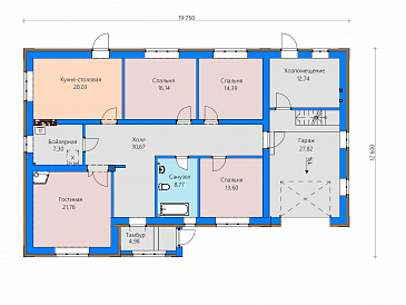 Проект дома с гаражом, хозпомещением, кухней-столовой с выходом во двор / План 1 этажа