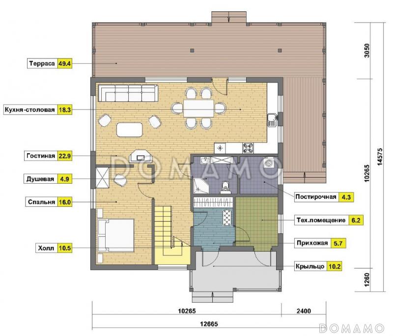 Проект каркасного дома с угловой террасой / План 1 этажа