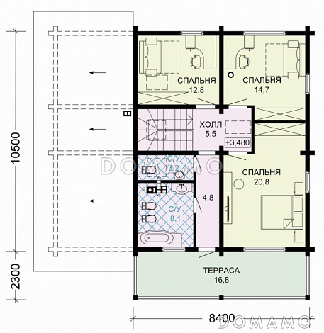 Проект комфортабельного дома из бруса с гаражом и изящной террасой / План мансардного этажа