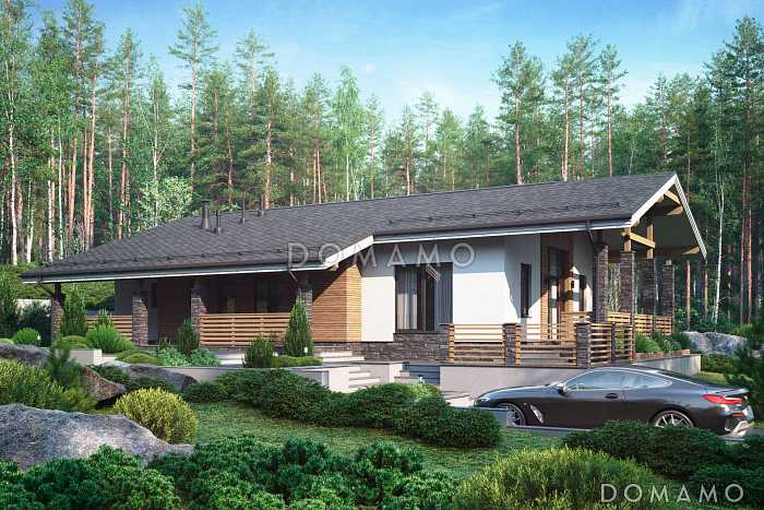 Проект одноэтажного дома с тремя спальнями, двумя крытыми террасами и чердаком