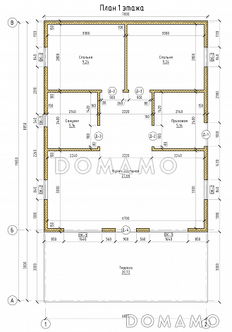 Проект каркасного дома с двумя спальнями и крытой террасой / План 1 этажа