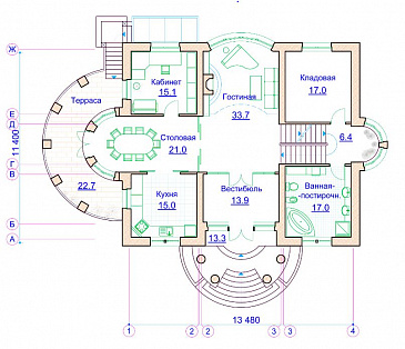 Проект коттеджа с двусветной гостиной, сауной и балконом / План 1 этажа