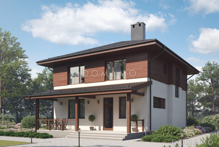 Проект двухэтажного газобетонного дома с эркером и крытой террасой на входе