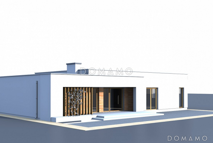 Проект современного одноэтажного дома из кирпича с плоской крышей с тремя спальнями и гаражом