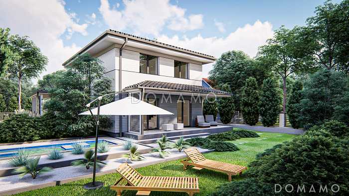 Проект двухэтажного дома с кабинетом, зоной кухни с окном, гостиной с выходом на крытую террасу