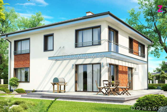 Проект просторного современного двухэтажного дома из газобетона, с пятью комнатами, гаражом и застеклённой террасой над ним