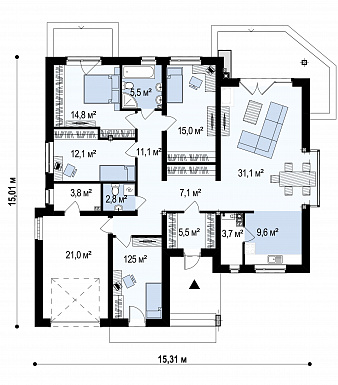 Проект одноэтажного дома из кирпича со стеклянным эркером в столовой зоне, четырьмя спальнями и гаражом / План 1 этажа