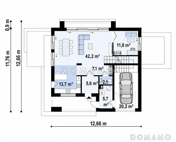 Проект загородного дома с мансардным этажом, гаражом, кабинетом и просторной гостиной / План 1 этажа