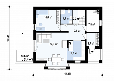 Проект одноэтажного мансардного дома из газобетона с кабинетом на первом этаже / План 1 этажа