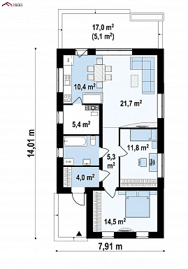 Проект компактного одноэтажного дома из кирпича для небольшой семьи / План 1 этажа