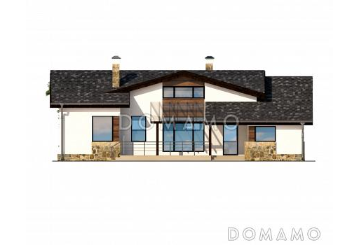 Проект одноэтажного дома с большой крытой террасой, тремя спальнями, кузней с окном, чердаком / Фасад 1