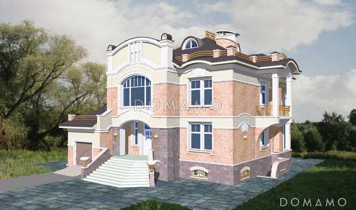 Проект коттеджа с двусветной гостиной, отдельным бассейном и гаражом