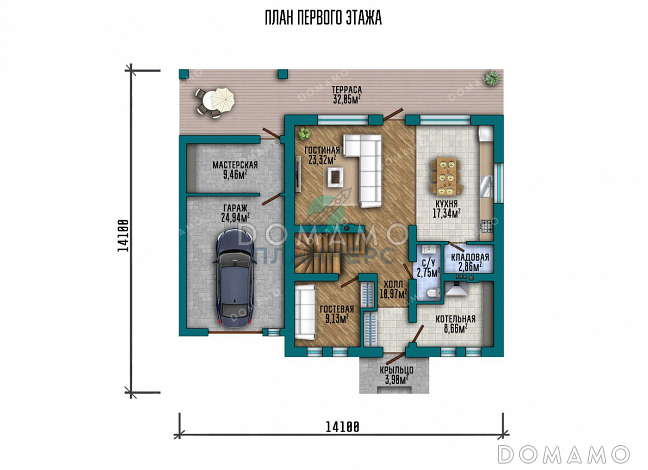 Проект двухэтажного дома с гаражом, террасой и тремя спальнями / План 1 этажа