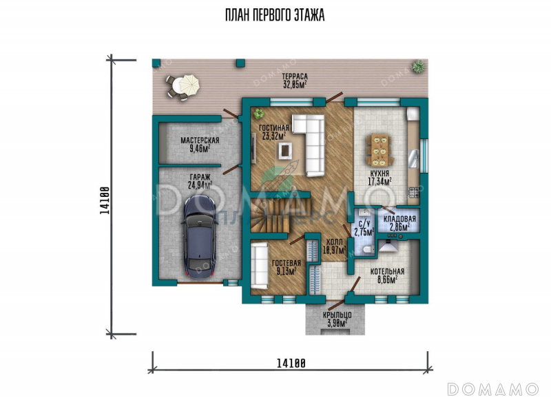 Проект двухэтажного дома с гаражом, террасой и тремя спальнями / План 1 этажа