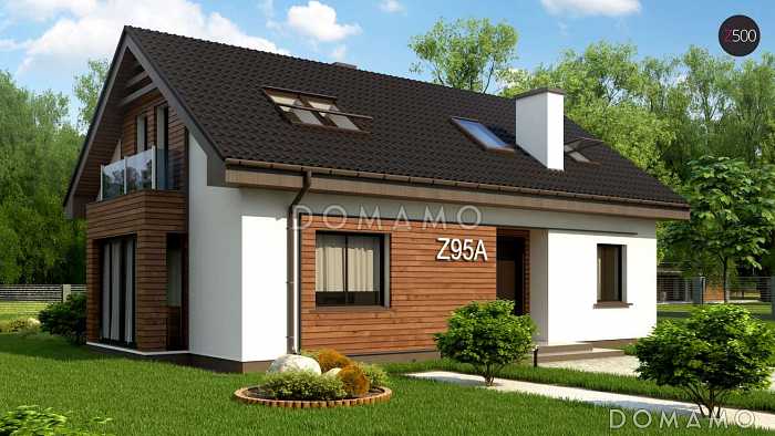 Проект классического мансардного дома из кирпича с дополнительной спальней на первом этаже,с эркером и с деревянными фасадами