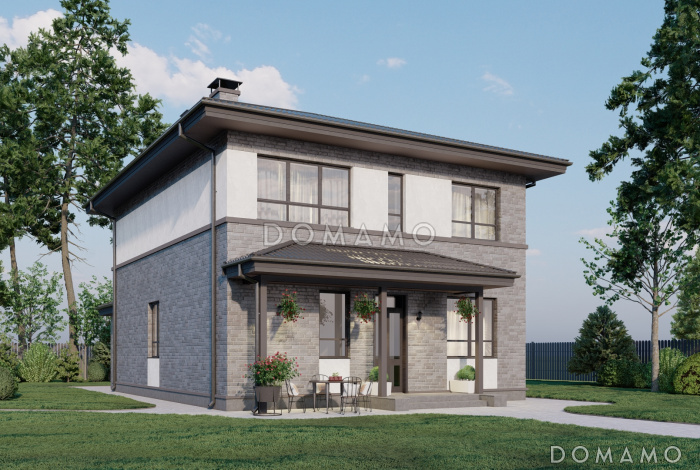 Проект двухэтажного кирпичного дома с крытой террасой и четырьмя спальнями на втором этаже