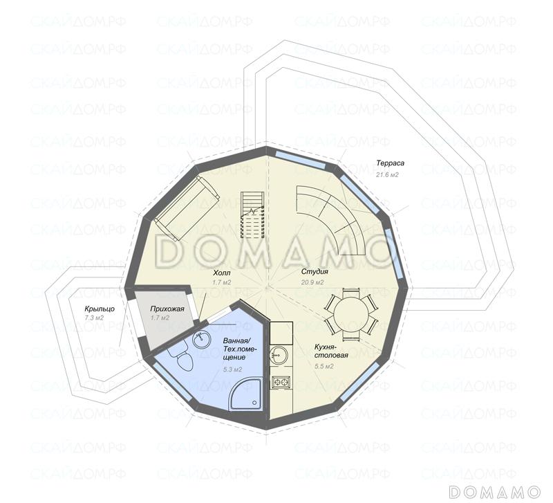 Проект круглого в плане дома / План 1 этажа