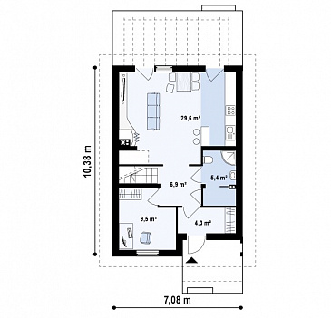 Проект одноэтажного мансардного дома из газобетона с кабинетом и с высокой аттиковой стеной / План 1 этажа