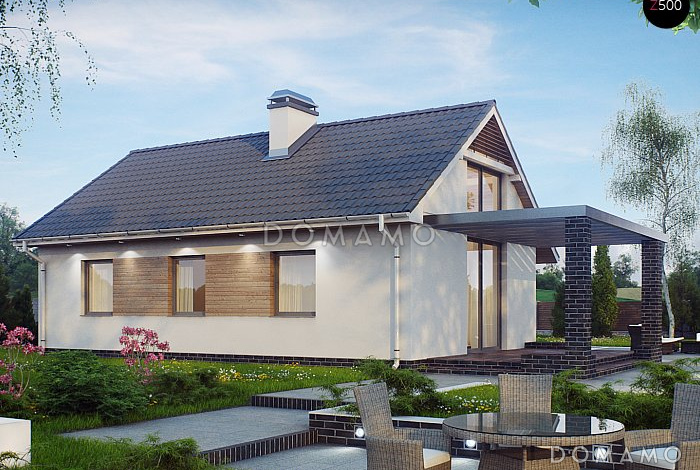 Проект компактного одноэтажного дома из кирпича с тремя спальнями, с высоким остеклением в гостиной