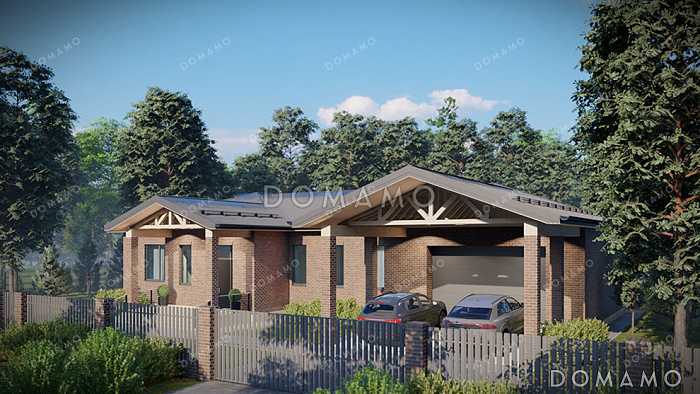 Проект дома с гаражом, навесом, подвалом, мастер-спальней и двумя детскими