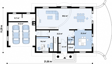 Проект большого одноэтажного мансардного дома из газобетона с просторной гостиной, гаражом и бильярдной  / План 1 этажа