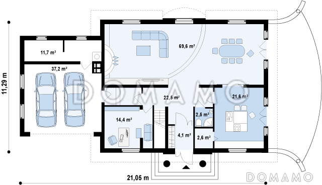 Проект большого одноэтажного мансардного дома из газобетона с просторной гостиной, гаражом и бильярдной  / План 1 этажа
