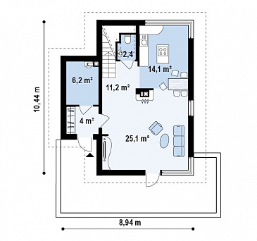 Проект компактного двухэтажного дома из газобетона с тремя спальнями / План 1 этажа
