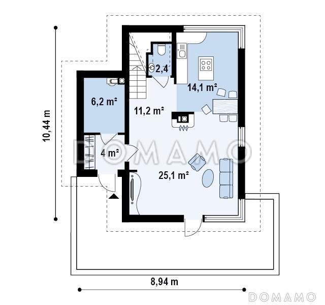 Проект компактного двухэтажного дома из газобетона с тремя спальнями / План 1 этажа