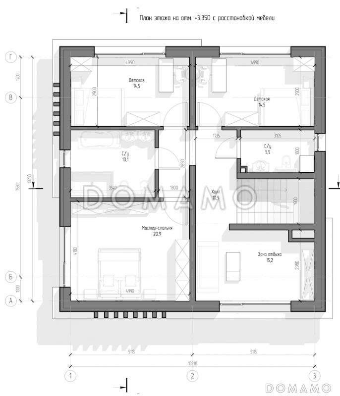 Проект двухэтажного дома с панорамными окнами, кабинетом, 3 спальнями, кухней-гостиной / План 2 этажа