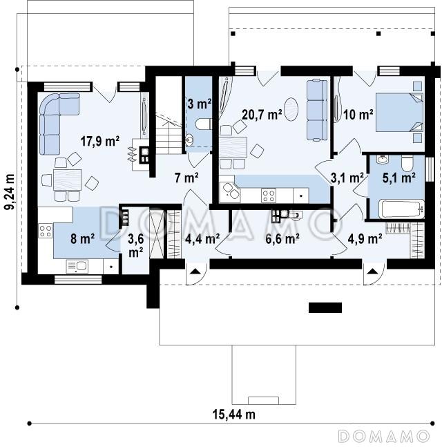 Проект современного одноэтажного мансардного дома из кирпича с общим входом для двух семей / План 1 этажа